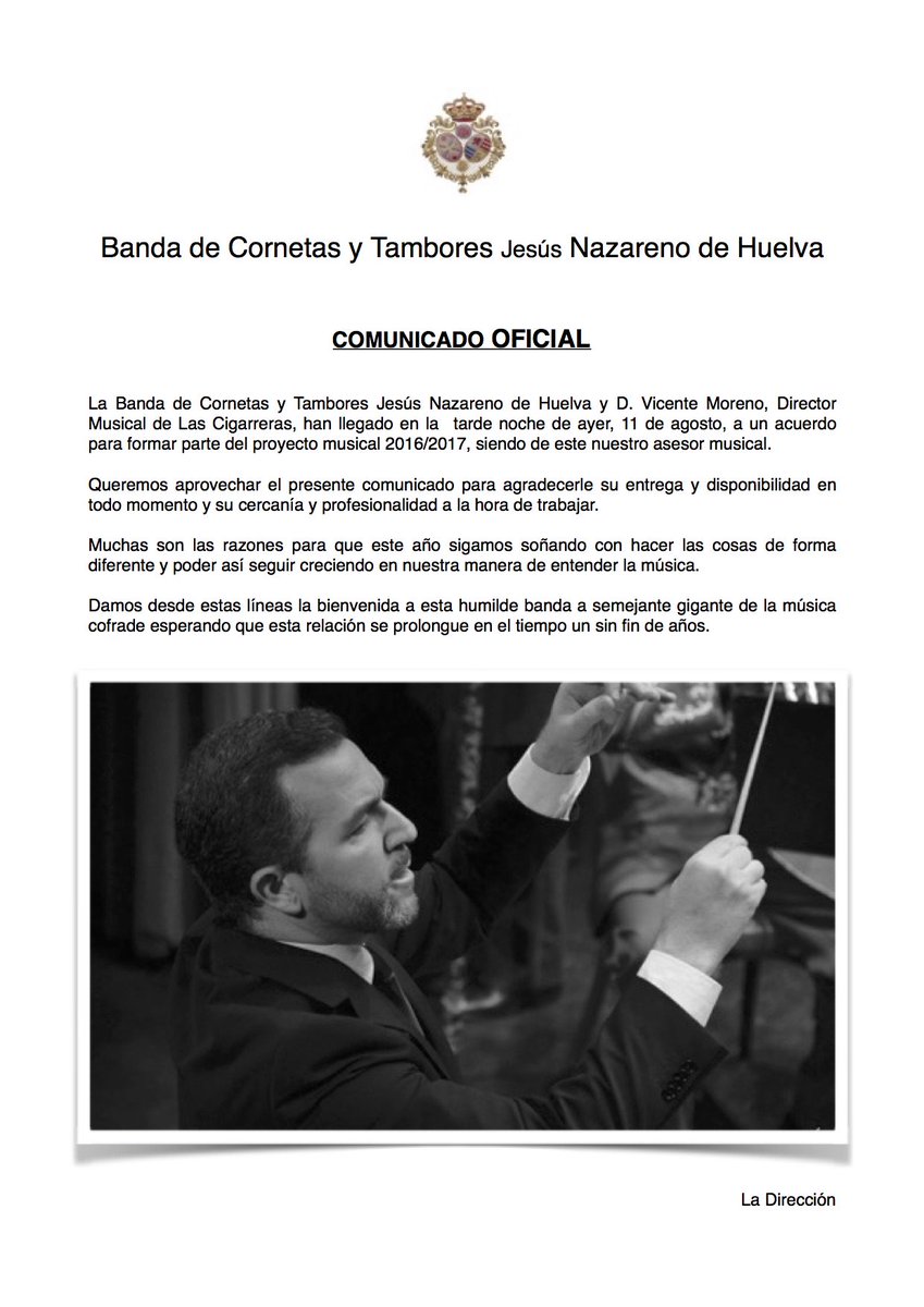 Nazareno_Huelva's tweet photo. COMUNICADO OFICIAL
@vicentemorenoal será parte importante este año. Nosotros seguimos soñando, #TeATREVESASOÑAR https://t.co/zCpXhh6u0C