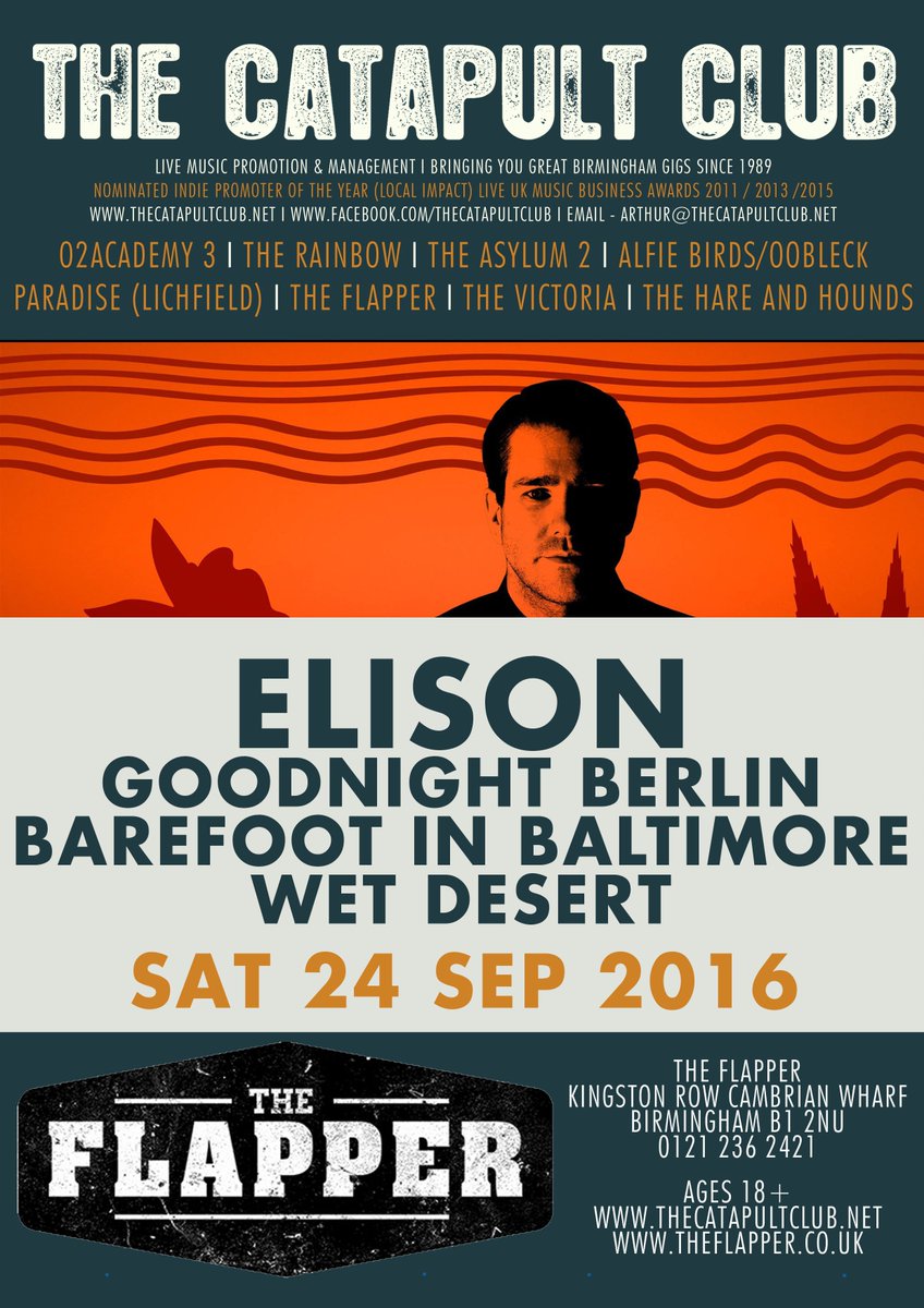 TheCatapultClub's tweet photo. Poster for Sat 24 Sep @TheFlapperBrum 8-11pm 18+
Elison
@goodnightberlin 
@BFinBaltimore 
@wetdesertuk https://t.co/jGNfrj5m3Z
