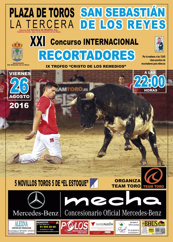 100x100Toros's tweet photo. XXI Concurso Internacional de Recortadores de San Sebastián de los Reyes. #Cartel #LaTercera #TeamToro #ElEstoque https://t.co/w3DyRUCtPh