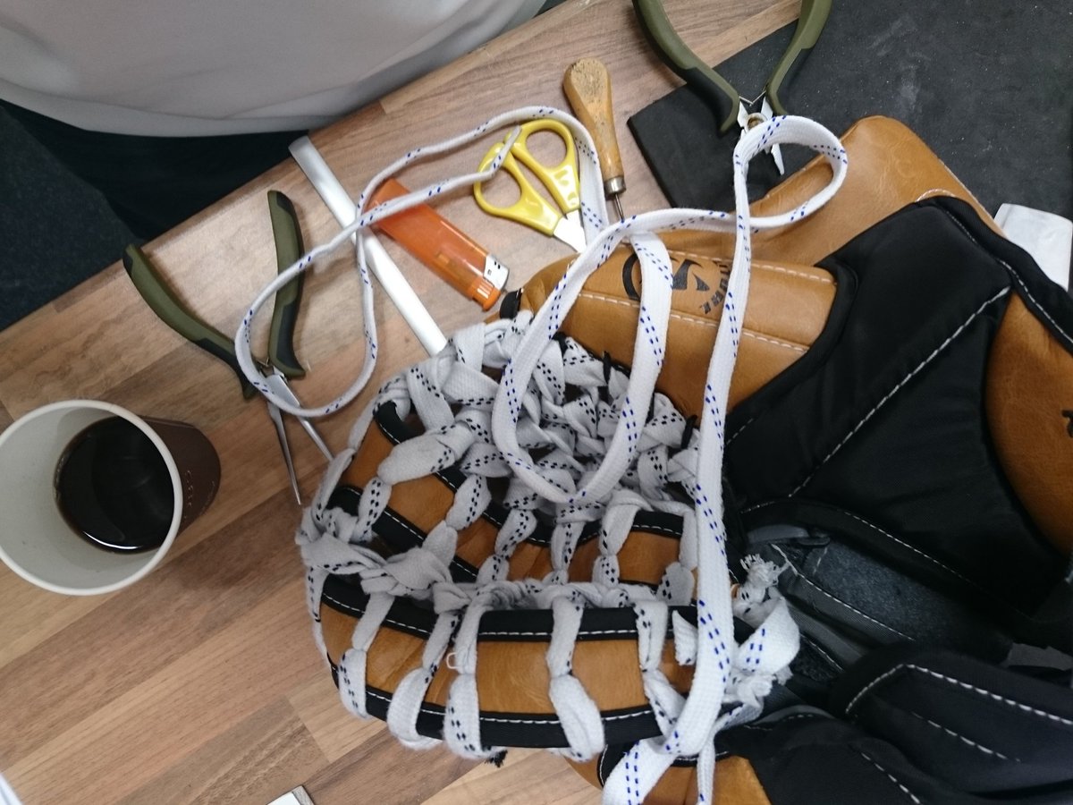 StefW_71's tweet photo. Repairing a new catcher while having morning coffee #notime
There's a production mistake cutting the lace #mustnotbe https://t.co/C1dVaBaLIy