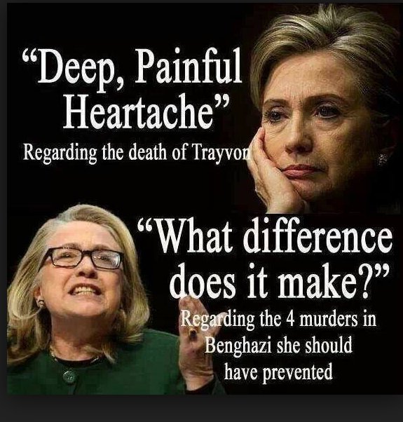 SweetFreedom29's tweet photo. #HillaryFacts Trayvon Martin vs. 4 murdered in #Benghazi #unfit #NeverHillary https://t.co/iAsFKOmsKI