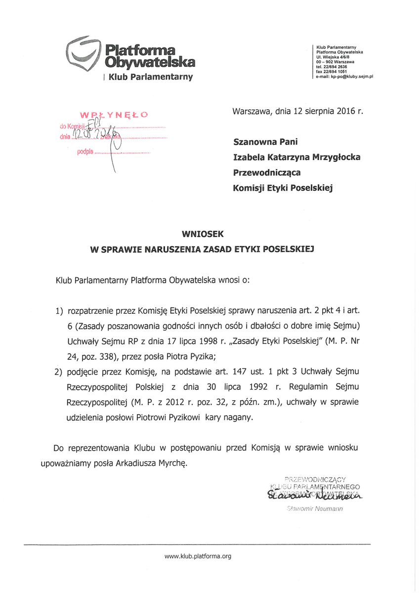 Obywatelska_KO's tweet image. Złożyliśmy wniosek do Komisji Etyki Poselskiej ws. skandalicznego zachowania posła #Pyzik.a.