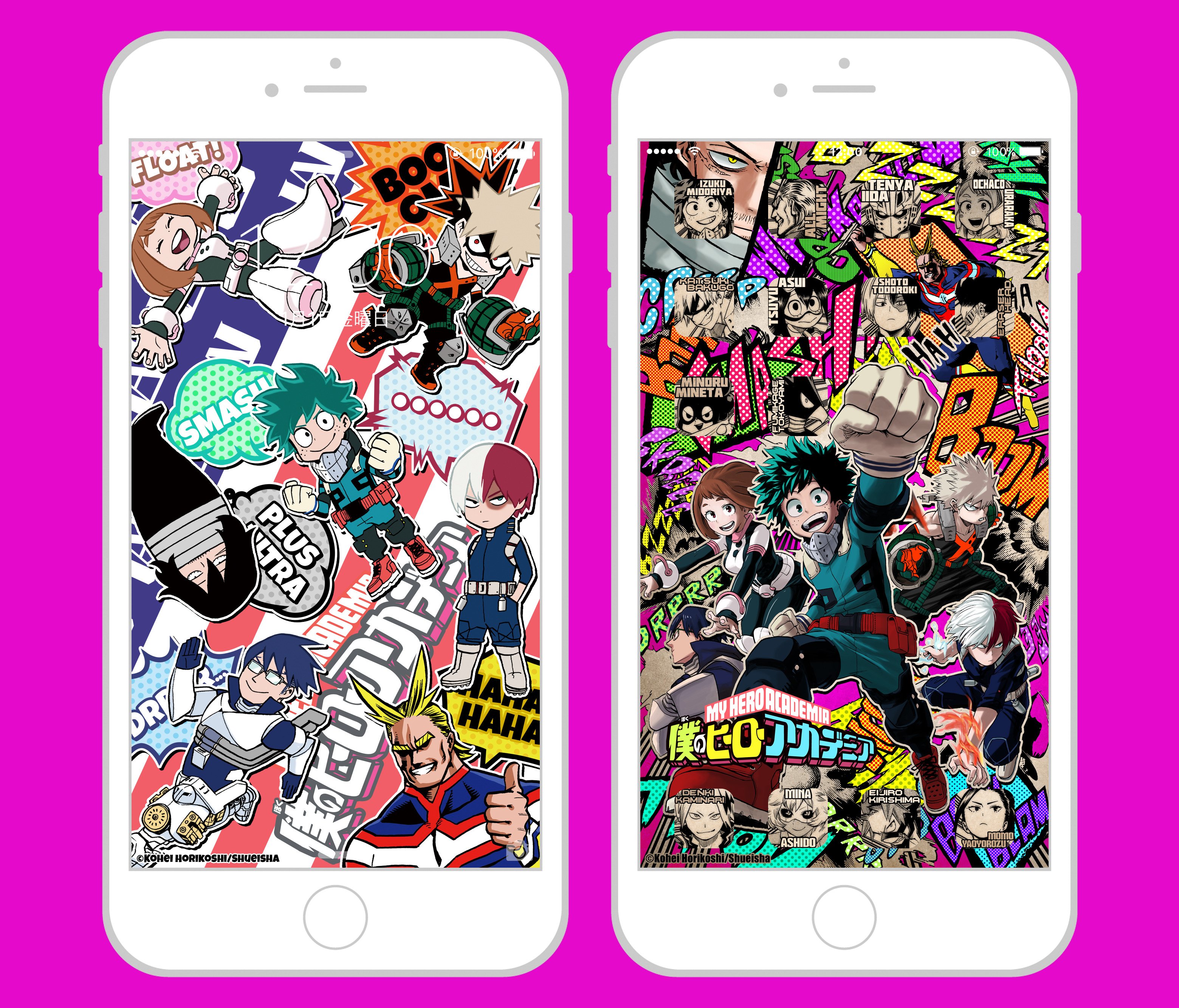 きせかえジャンプ Kisekaejump Hahaha ヒロアカ ファン必携 きせかえが来た アメコミ風の擬音 をド派手に 散りばめたpop なデザイン ちびカワ出久や爆豪たち の カートゥーン風 壁紙と一緒に アメコミ テイストを 楽しんじゃおう