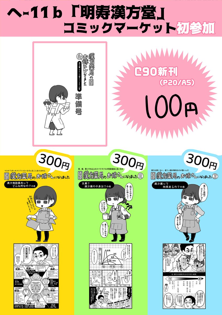 夏コミ始まりましたね!日曜日東5へ-11b「明寿漢方堂」です。漢方薬局というニッチな職業のお嫁さんが実録漫画という名の漢方布教漫画を書いています!情報・評論ジャンルではコミケ初参加です～!( `・∀・')ノヨロシク #C90 