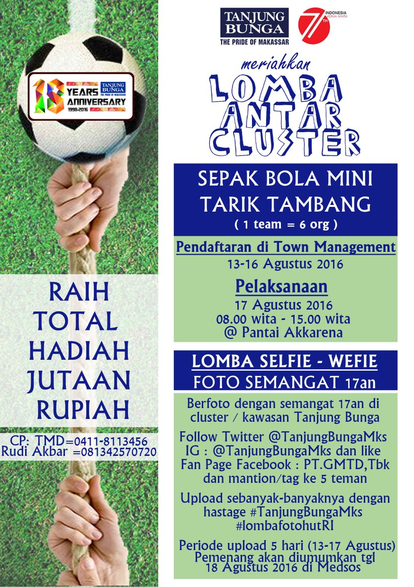 Ayo....meriahkan lomba antar cluster Tanjung Bunga. Ada jg lomba semangat 17an yg bisa kamu upload di media sosial https://t.co/atUqV35TBg
