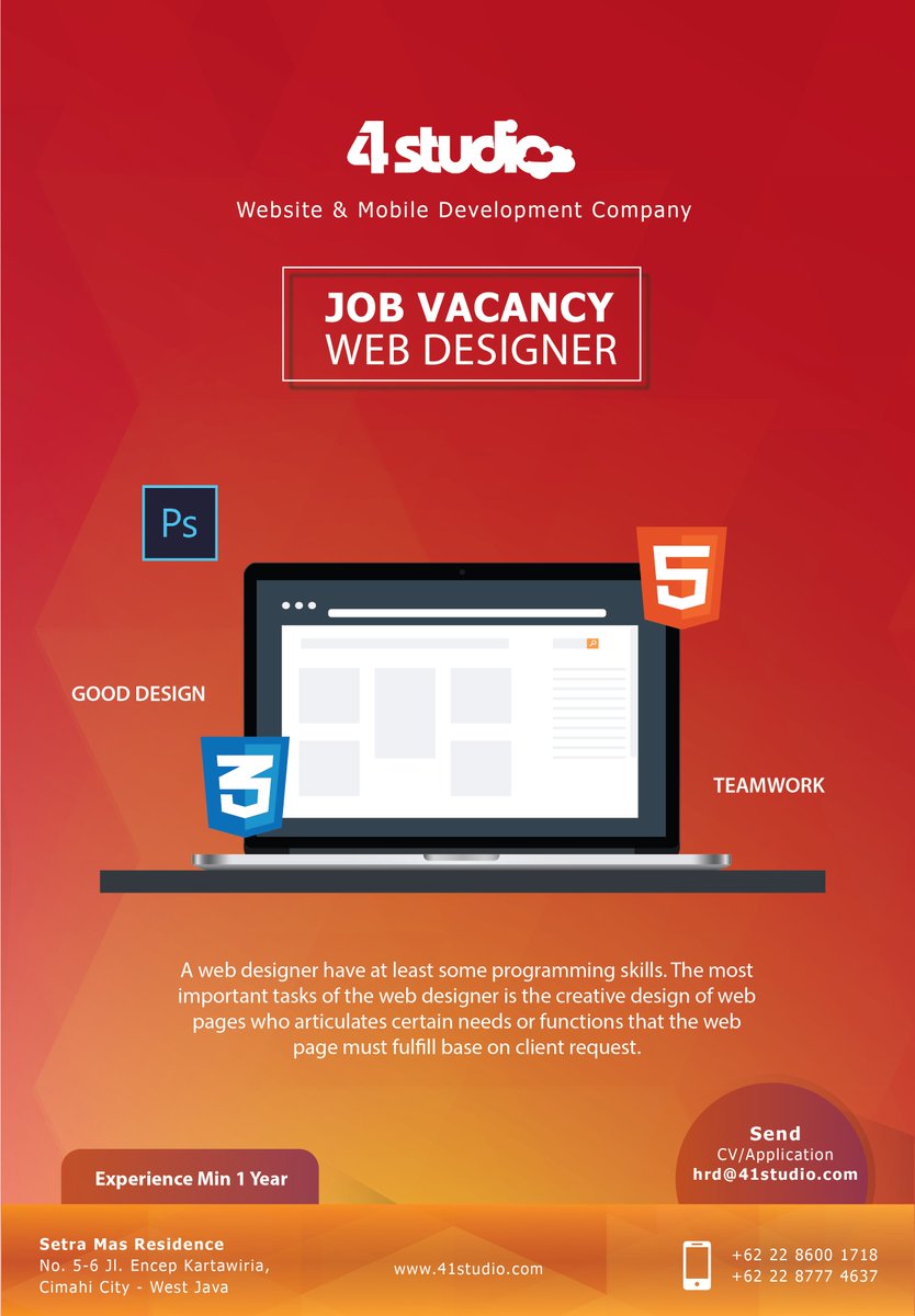 41studio's tweet photo. 41studio Hiring!
We are looking for passionate and creative person to be our Web Designer.
#lokerbdg #jobsbdg https://t.co/RF40uRrbJG