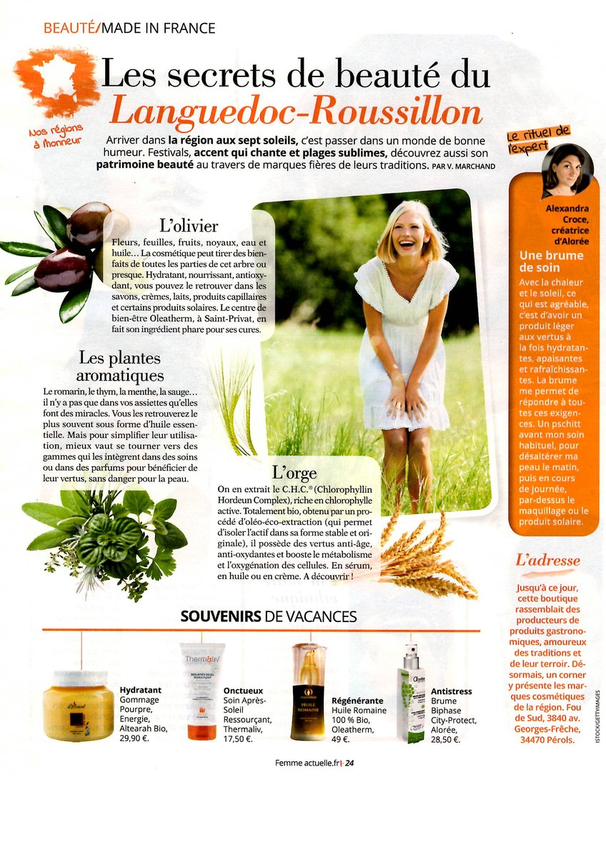 Retrouvez les secrets de beauté du Languedoc Roussillon et la Brume Biphase City-Protect Alorée dans Femme Actuelle