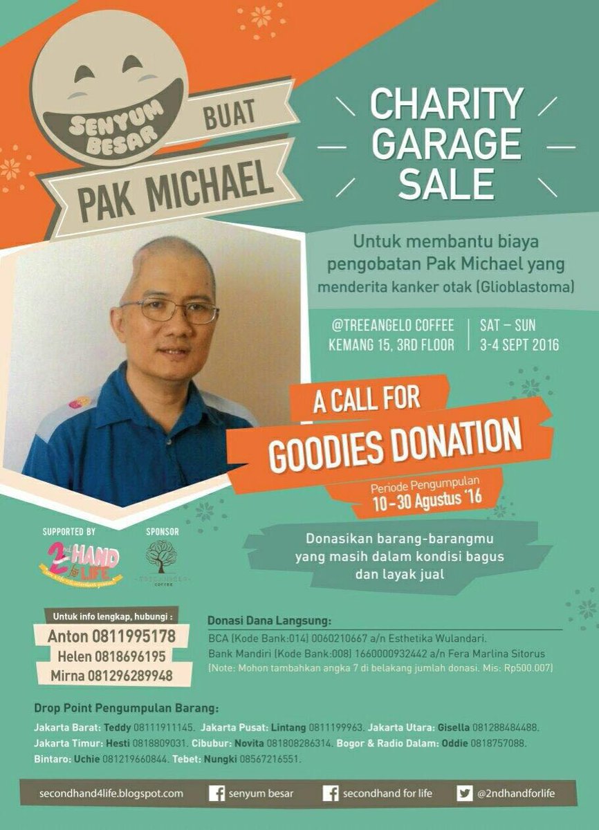 2ndhandforlife's tweet photo. Ayo, kita bantu Pak Michael melawan kanker otak lewat "Senyum Besar buat Pak Michael" Charity Garage Sale! https://t.co/nZil1Np7lL