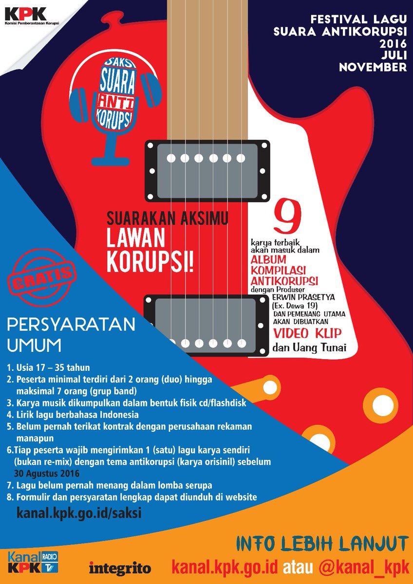Yuk ikutan Festival Lagu #SAKSIKPK kanal.kpk.go.id/saksi <a href="/lantaitigamusik/">LANTAI TIGA</a> <a href="/sacrophonic/">Sacrophonic™</a> <a href="/garage_tm/">Trouble Maker</a> <a href="/Romusha_uwhs/">IG: Romusha_Musik</a>