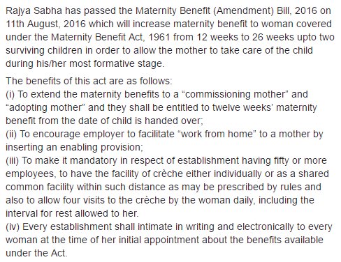 Amendment to the Maternity Benefit Act, 1961
#TransformingIndia #MaternityBenefitAct 
@PMOIndia @PIB_India @NCWIndia