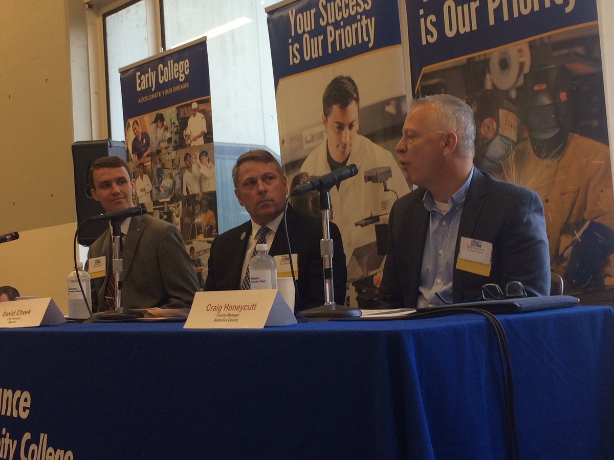 TriadBizLloyd's tweet photo. #stateofalamance features from left Burlington mayor Ian Baltutis, Mebane Mgr. David Cheek, Cnty mgr Craig Honeycutt https://t.co/WljsZ1t1aO