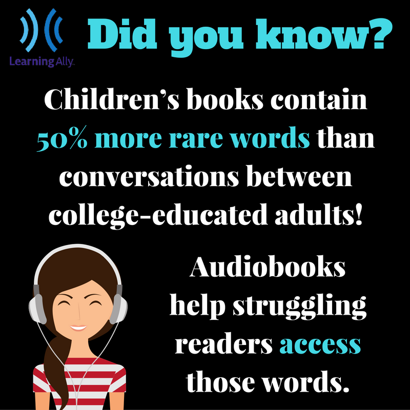 If a child isn't reading on grade level, s/he is also missing out on vocab growth. Audiobooks help bridge the gap!