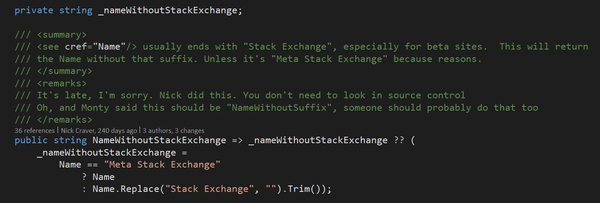 Nick_Craver's tweet photo. A daily screenshot from the Stack Overflow codebase (old code I just came across while fixing debt). #StackCode https://t.co/Bw5MUcCEhb