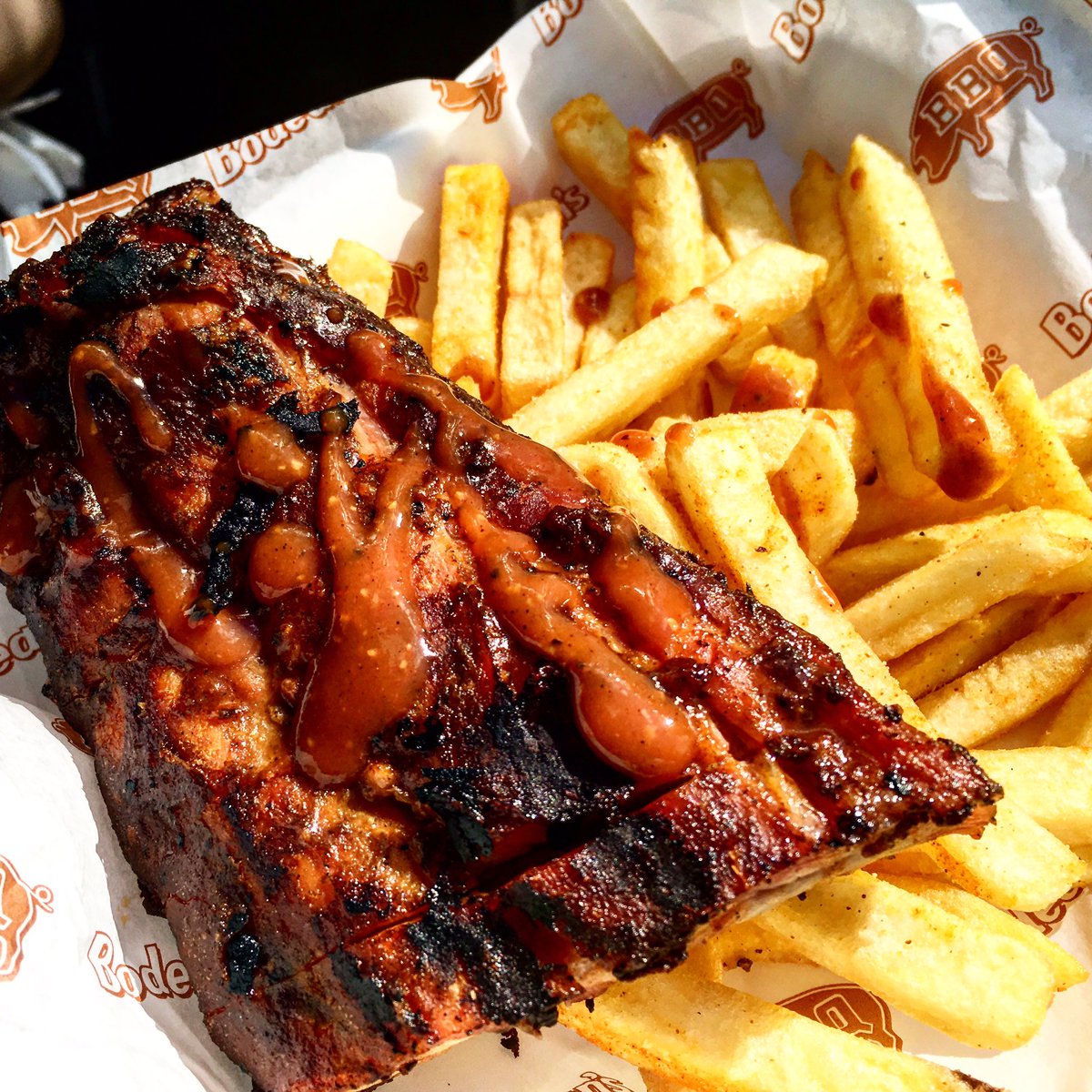 BBQ Baby back ribs with fries at <a href="/BodeansBBQ/">Bodean's BBQ</a> #OldStreet first birthday. Free ribs are the best ribs