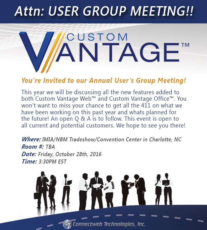cwebtech's tweet image. Info on our annual users group meeting. Check it out! #CustomVantage #usergroup #newfeatures  #seeyouinNC