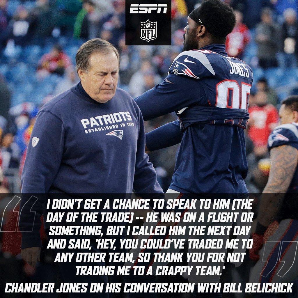 ESPNNFL's tweet photo. "Thank you for not trading me to a crappy team." - Chandler Jones to Bill Belichick https://t.co/tIAm1RS2IW https://t.co/sg4ll0FIQr