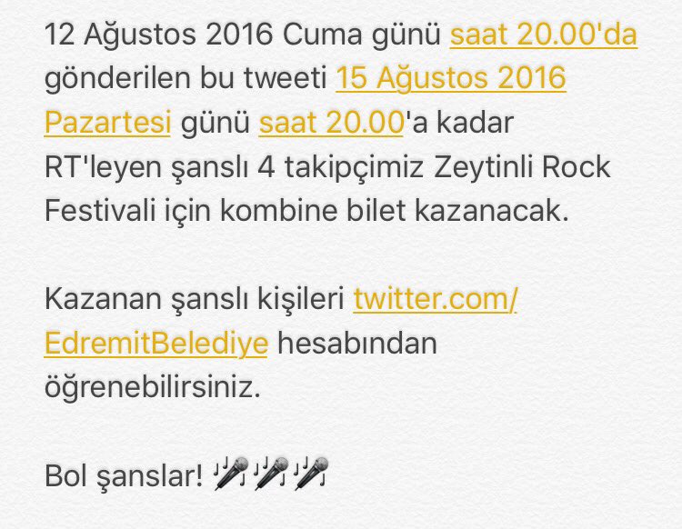 EdremitBelediye's tweet photo. Bu tweeti RT'leyen 4 şanslı takipçimiz Zeytinli Rock Festivali için kombine bilet kazanacak ❗️

Bol şanslar 🎈 https://t.co/jK84WcIlKK