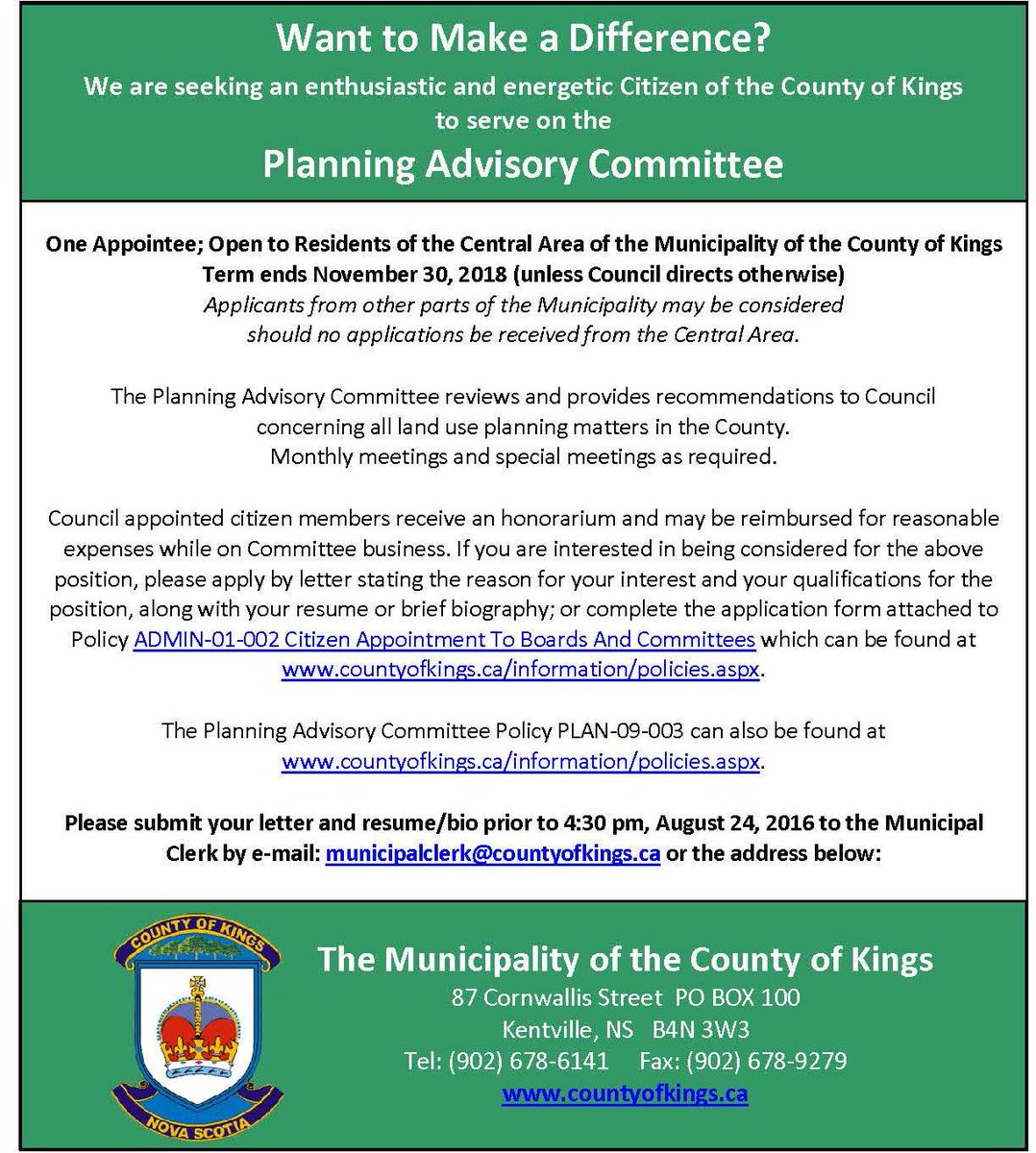 Kings County seeking citizen member to represent the Central area of Kings County on the Planning Advisory Committee