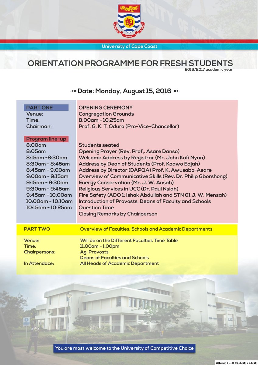 CapeVars's tweet photo. Orientation for Fresh Students2016/17 
Mon 15th Aug16 to Sun 21st Au16. 
The programmme line-up for Mon. Part I https://t.co/IPL57aPLUg