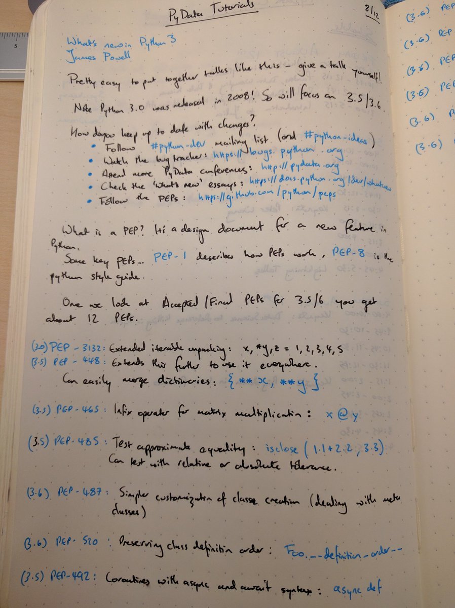 D_J_Wilson's tweet image. Great opening tutorial by @dontusethiscode on what's new in Python 3.5/6! #pydatasf @PyData