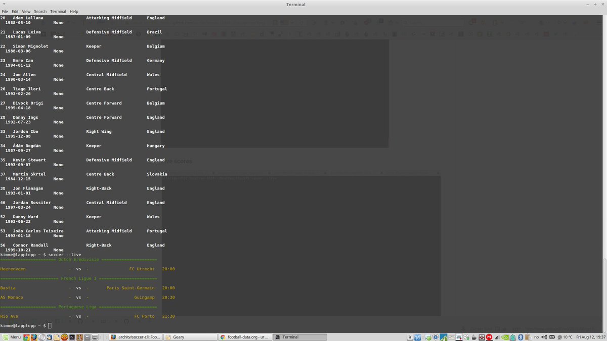 kimme's tweet photo. Testing out the soccer-cli before the #BPL starts → https://t.co/yuJShF3gtb #CommandLineFu #Python #Soccer #CLI #fb https://t.co/gbvrtKV4Js