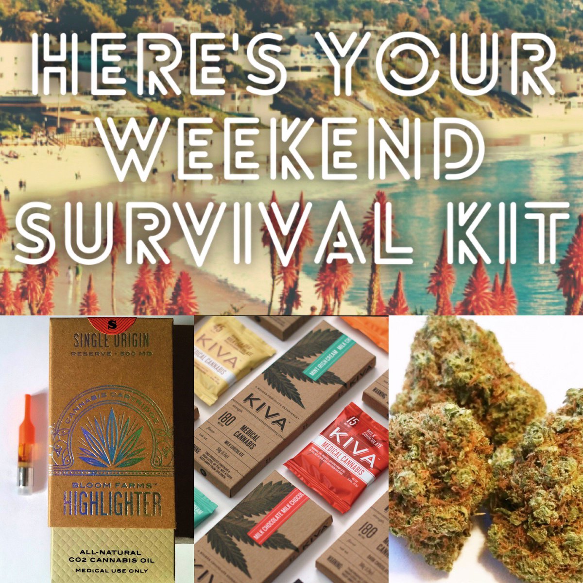 FDCollective's tweet photo. Your weekend survival kit is here @KivaConfections @BloomFarms #supermanog @weedmaps #farmersdaughtercollective https://t.co/rlOEnwKi0u