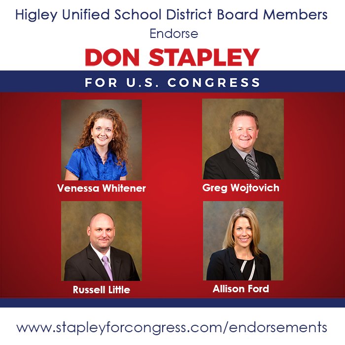 DonStapley's tweet photo. Humbled to have the endorsements of these members of the Higley Unified School Board! #AZ05 #TeamStapley https://t.co/2GnHzn9MNh