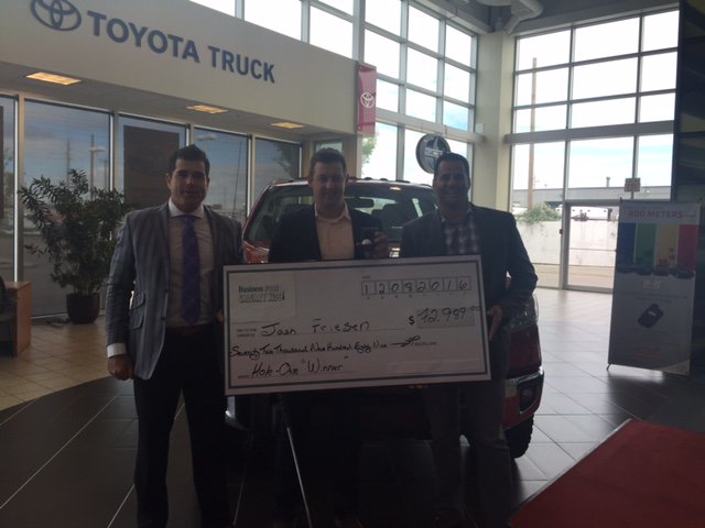 BFCalgaryKids's tweet photo. What a day! Big congrats to Josh Friesen who finally got to take home his hole in one truck! #bfck @StampedeToyota https://t.co/GEKa7OL8eb