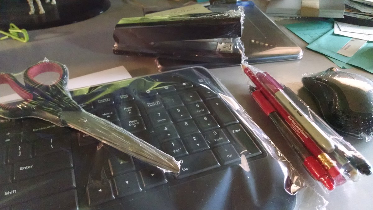 SCDesignStudios's tweet image. Shrink wrap's rolling so, of course, he shrinks my whole office! #studioantics