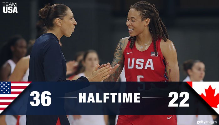 TeamUSA's tweet photo. At the half ➡️

#USA 36
#CAN 22

G🏀 #TeamUSA! https://t.co/bLLidyMpeM