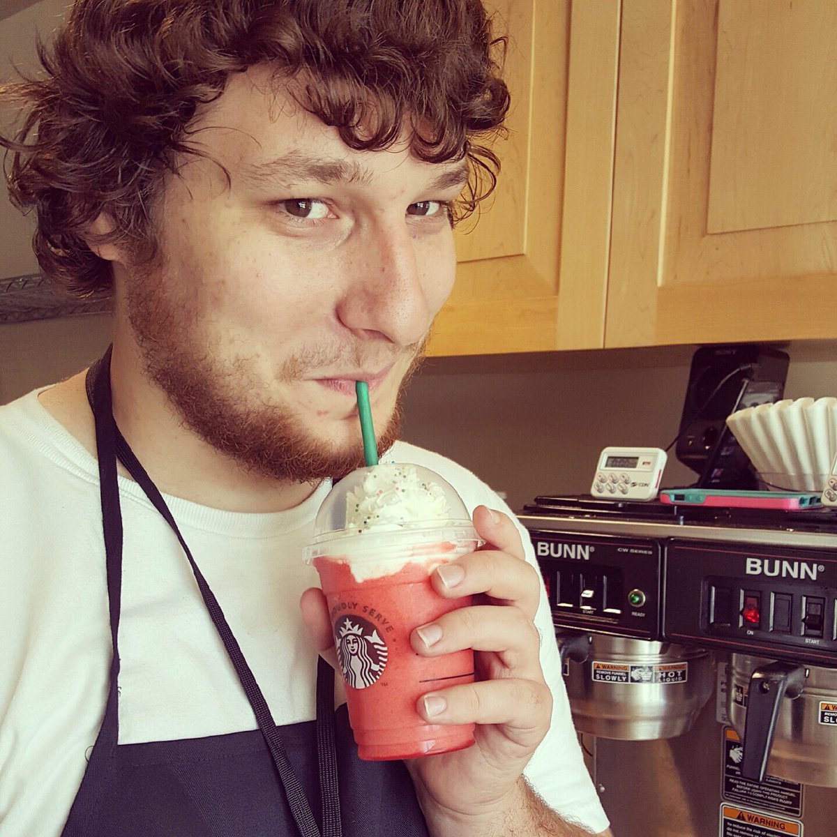 GoodwillBuzz's tweet photo. Jacobs graduating and he celebrated by making a "Jacob Special" (strawberry smoothie with orange w/ sprinkles) https://t.co/61w7q4sF6R