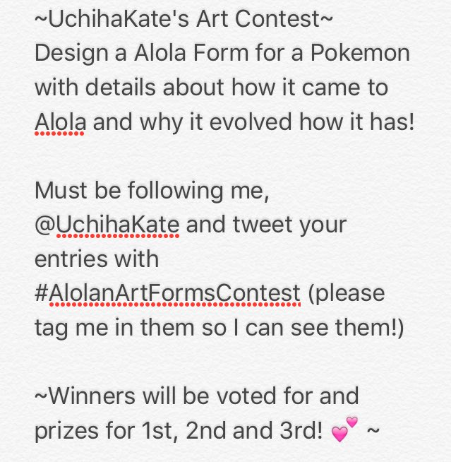 UchihaKate's tweet image. UchihaKate's Art Contest!
Must be following, enter at #AlolanArtFormsContest
Read the rules carefully!💕
Good luck!🍀