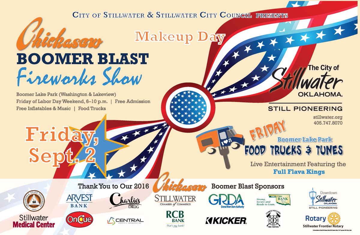 StillwaterOKgov's tweet photo. Come to Boomer Lake Fri., Sept. 2 for #ChickasawBoomerBlast makeup &amp; #FFTT More info: https://t.co/u1g1o4cmmt #StwOk https://t.co/p4SzqpxqXa