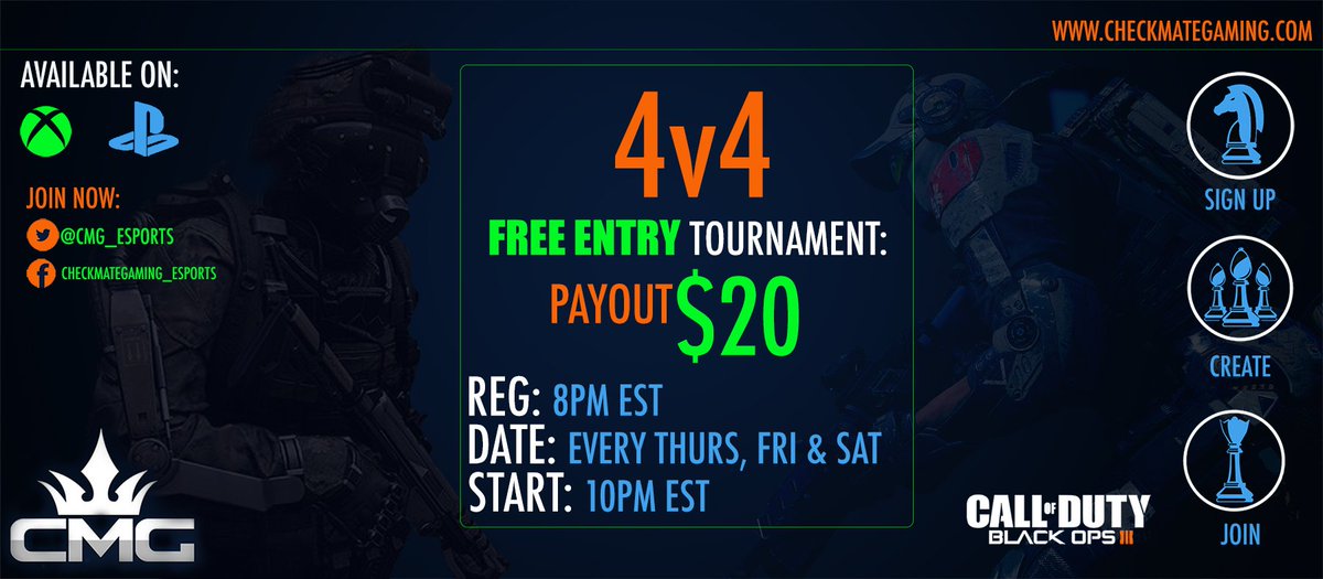CMG_Giveaways's tweet photo. Tonight #BO3
PS4 &amp; XB1 - Free Entry
4V4 10PM $20
Sign up now: https://t.co/owjOZ5Mvky
 @Gamer_RTweets @DelcoGaming https://t.co/AD7M8oAZUd