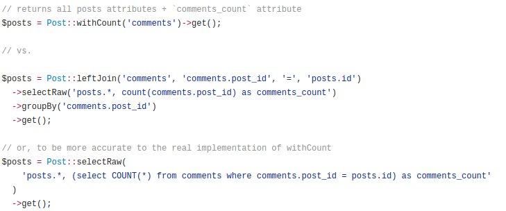 tonysmdev's tweet image. TIL on @laracasts: Post::withCount('comments')-&amp;gt;get() 👌