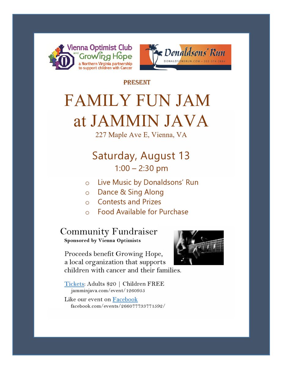 Come tomorrow to Jammin Java to raise $ for childhood cancer via Vienna Optimists. $20 adults &amp; youth under 18 FREE.