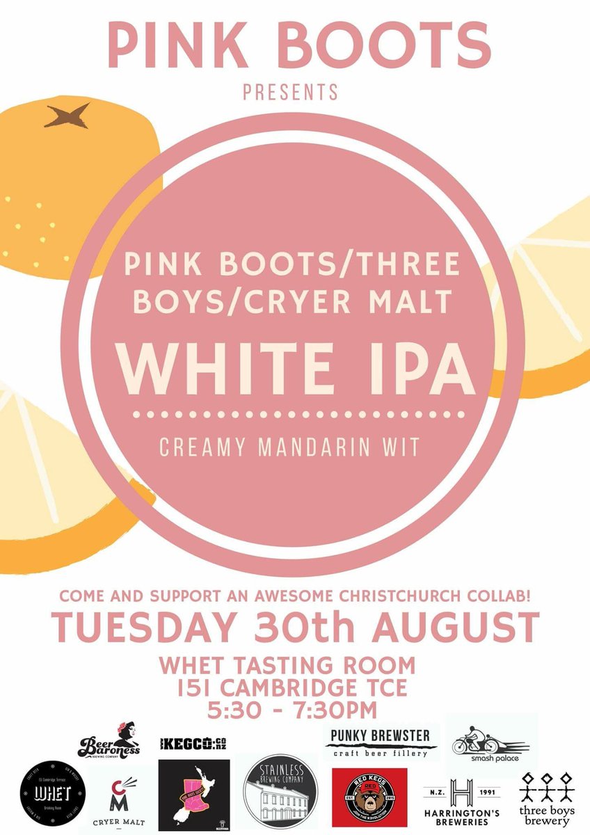 Details for the Chch launch of the Pink Boots <a href="/threeboysbrew/">Three Boys in Avoca</a> <a href="/cryermalt/">Cryer Malt</a> White IPA brewed for <a href="/BeervanaNZ/">Beervana</a>