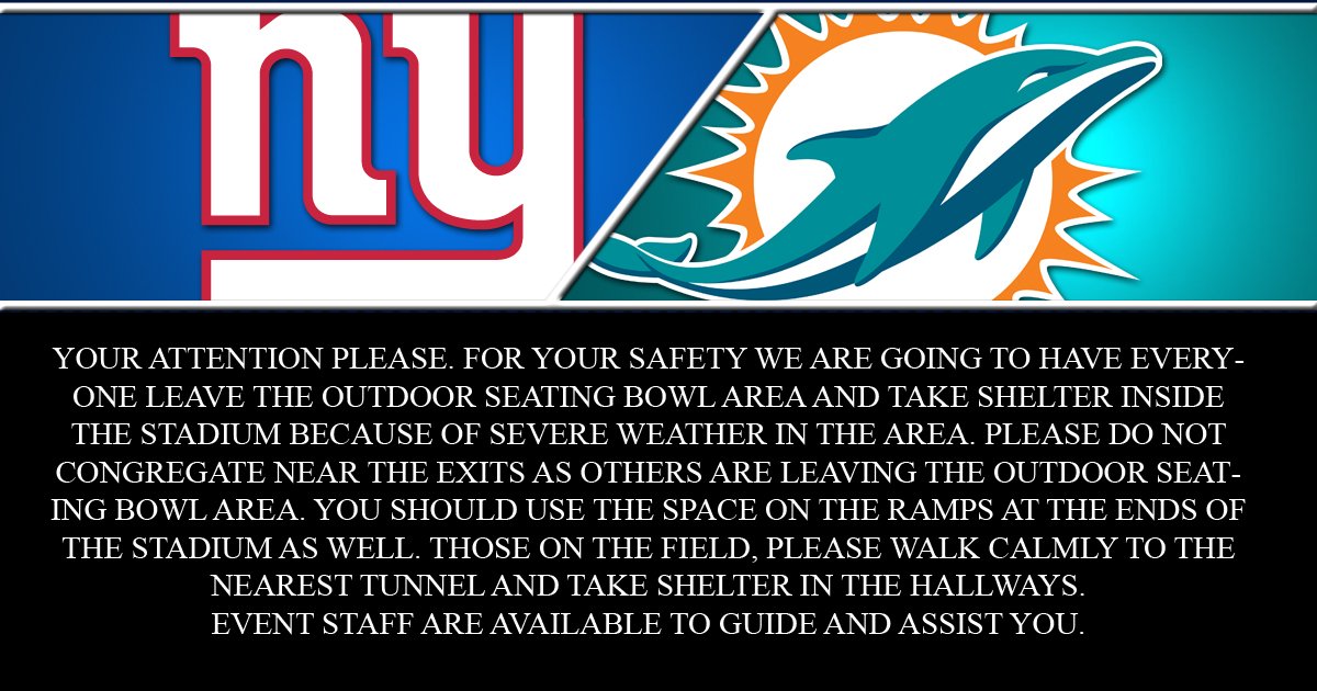 Giants's tweet photo. WEATHER UPDATE: Fans at @MLStadium please take shelter. Updates to follow #MIAvsNYG https://t.co/rDUlP07emD