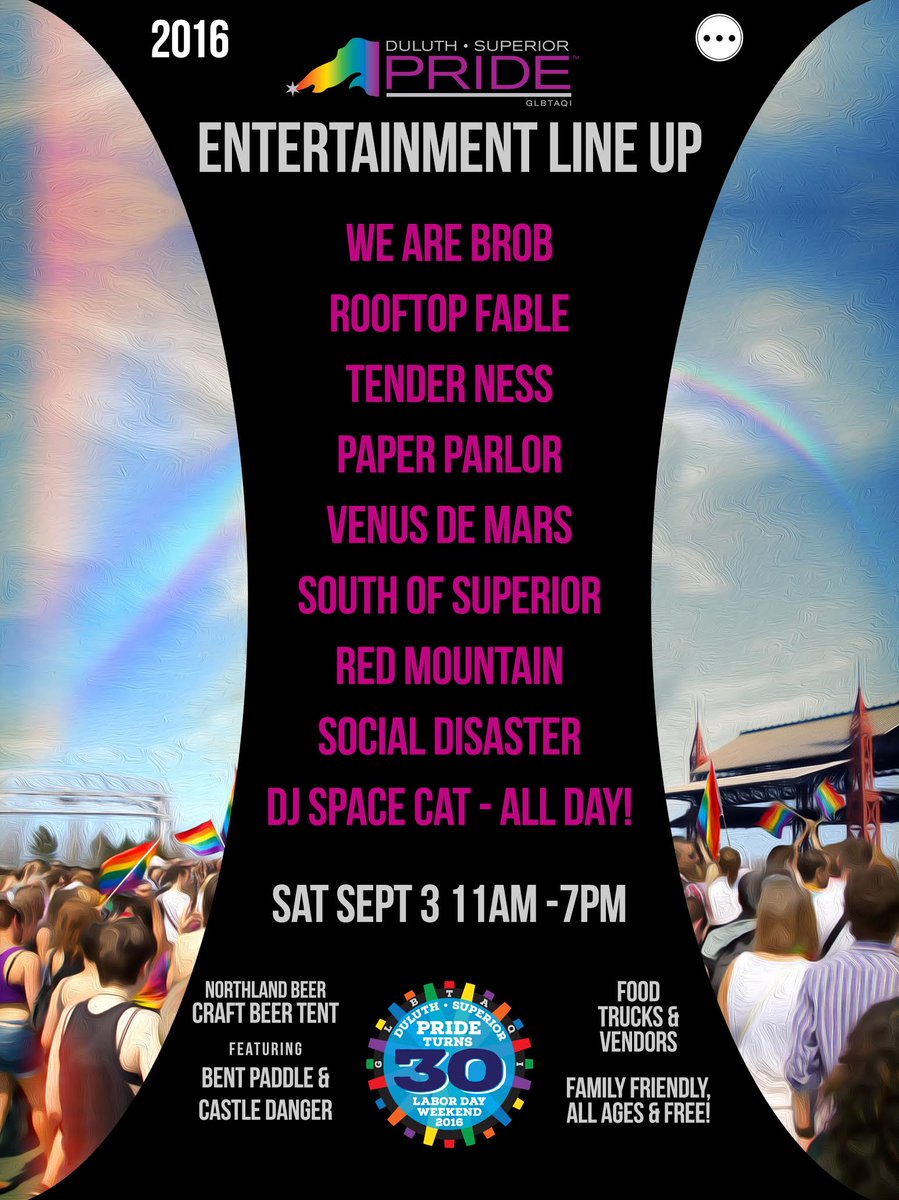 2016 <a href="/TwinPortsPride/">Duluth/SuperiorPride</a>! <a href="/SocDisaster/">The Social Disaster</a> <a href="/RedMTNFamily/">Red Mountain</a> <a href="/bentpaddlebeer/">bentpaddlebeer</a> #DSPride #DuluthMusic ❤ 🌈 ❤
facebook.com/events/6099307…