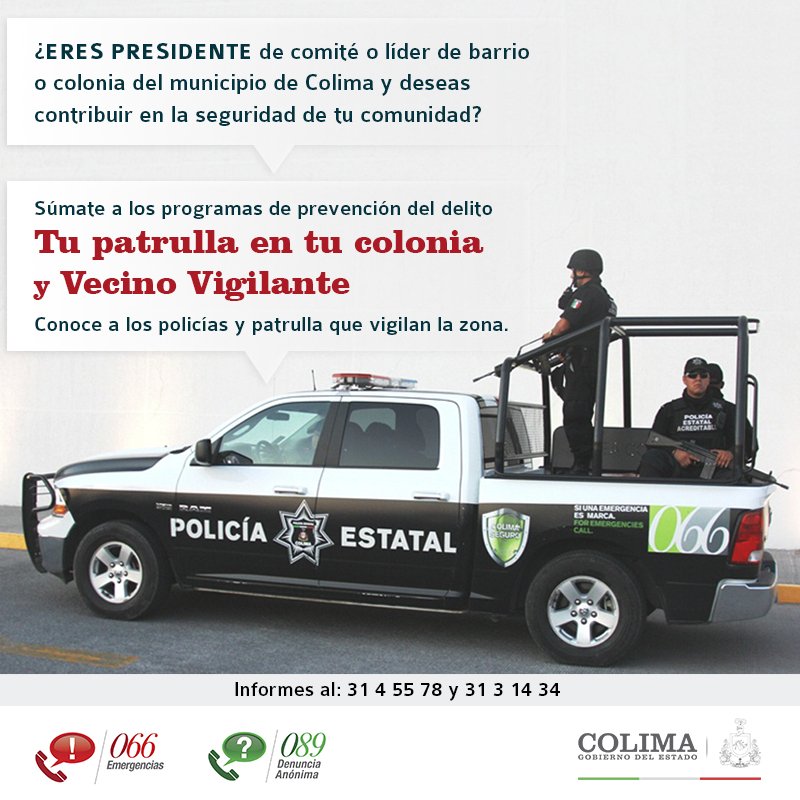 SSPC_COLIMA's tweet photo. Súmate al programa de prevención del delito "Tu patrulla en tu colonia" y "Vecino Vigilante" #SegCol https://t.co/5pKIPBRIR0
