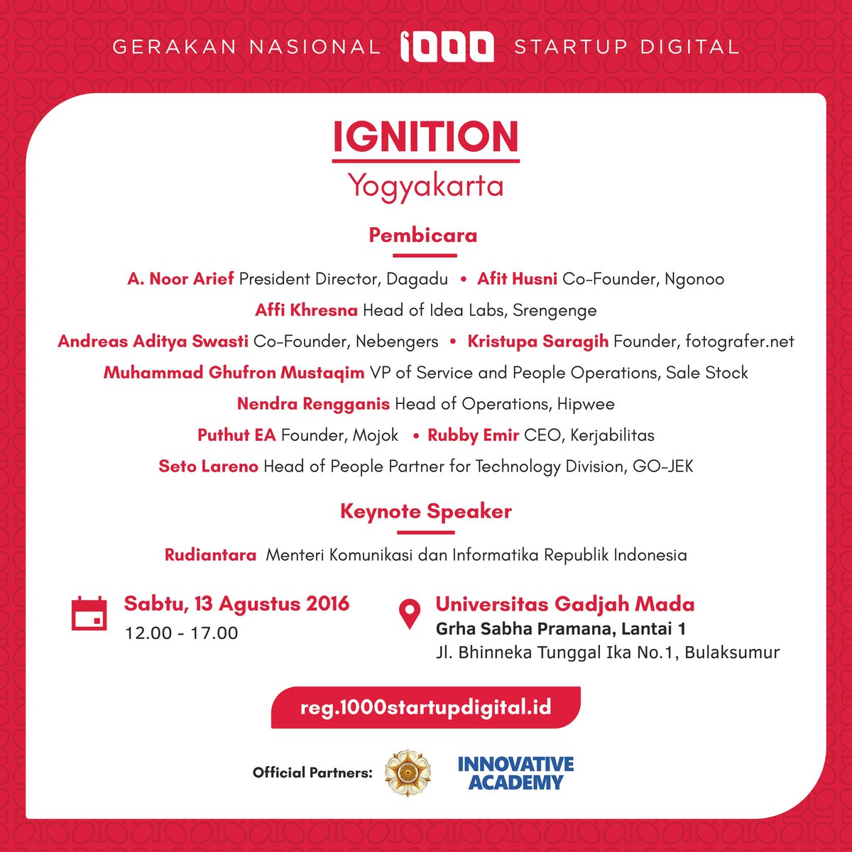 Ada bengbeng <a href="/nebengers/">#BarengNebengers</a> &amp; pembicara keren lainnya juga lhoo. Ehh ada Pak <a href="/rudiantara_id/">Rudiantara</a> yang jadi Keynote Speaker :)