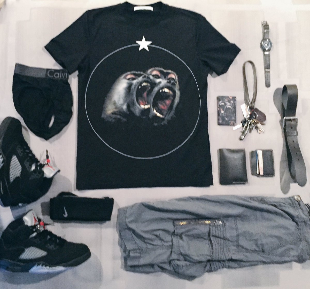 strictlysick's tweet photo. "I'm a monkaaaay man!" #rollingstones #inspo #flatlay #ootd #grid #style #mensstyle #Givenchy #Jordan #pandco  🔥🔥🐒🐒 https://t.co/ClKTbHvWmF
