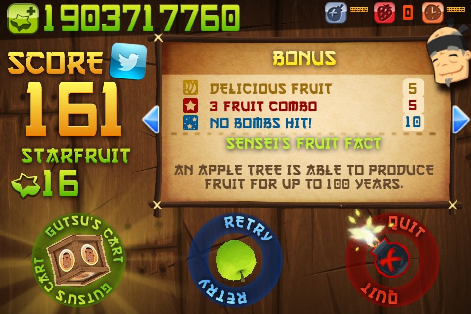 I scored 161 points in Fruit Ninja's Arcade Mode for iPhone! bit.ly/s28E3O