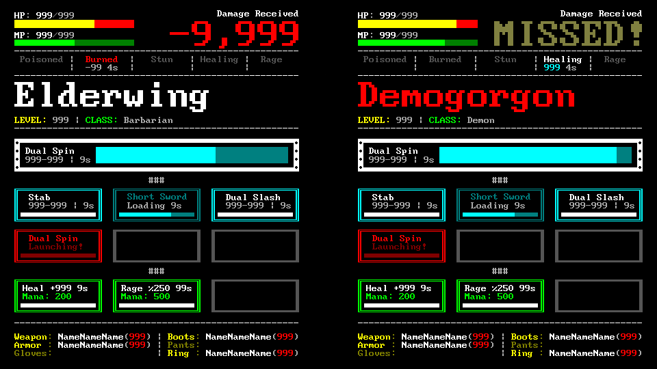 DavitMasia's tweet photo. ASCII RPG Mockup with the final colors. I think looks good right?  #gamedev #indiedev #screenshotsaturday https://t.co/zyTZTFH7ZP