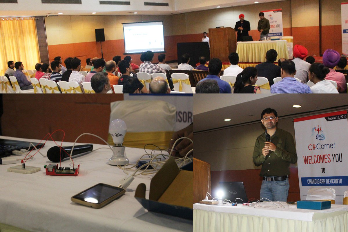 CsharpCorner's tweet photo. Live demo of #IoT w/ @Azure by @prabhjotbakshi & @Romil_Bheda at #ChdDevCon16 https://t.co/C65onTmC7M #CsharpCorner https://t.co/LOYxwEJl1R