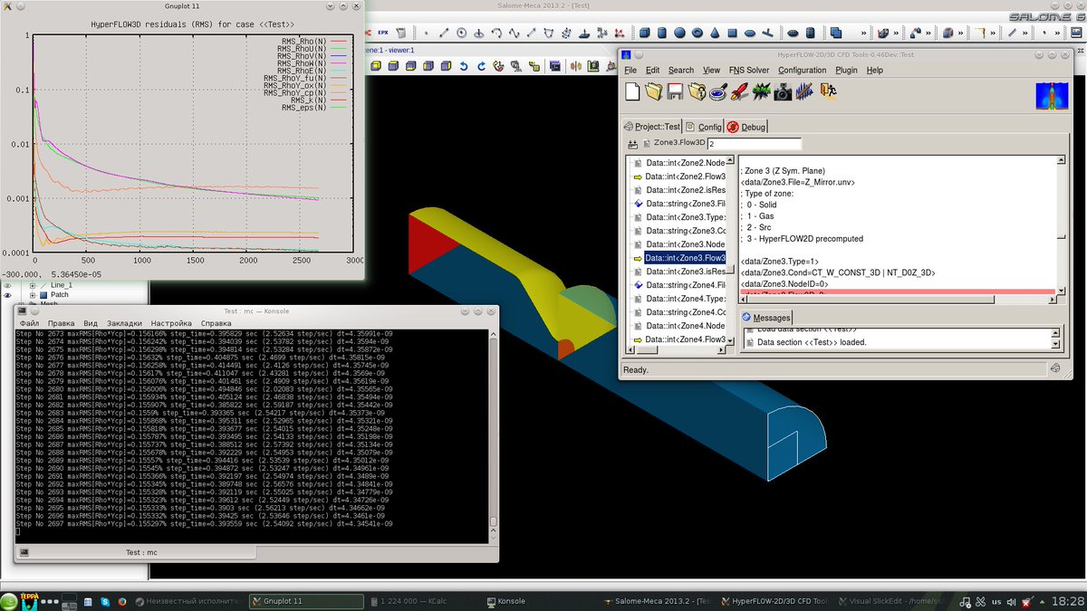 OpenHyperFLOW2D's tweet image. Testing new model particles reflection for #HyperFLOW3D on small case with heterogeneous combustion on my laptop.
