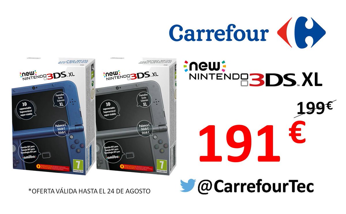 Enfatizar para justificar astronomía Carrefour España on Twitter: "Llévate una consola Nintendo New 3DS XL por  191€. Hasta el 24 de Agosto. https://t.co/AVneIdg8DR  https://t.co/PyCzaL5GV8" / Twitter