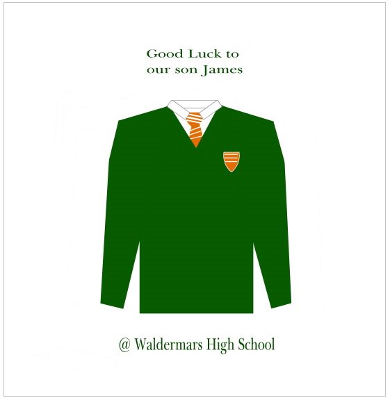 New School , School jumper personalised card printed in the recipients school colours  thegreetingshop.co.uk/page24.html