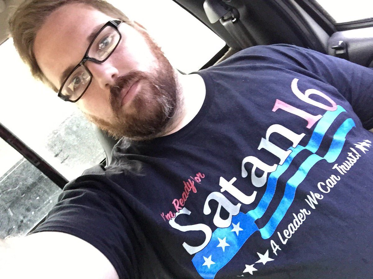 bobbyhammers44's tweet photo. Decided to wear this today. The reactions are #priceless !! #satan #2016 #satanforpresident #atheism #funny https://t.co/1kg1FQbr03