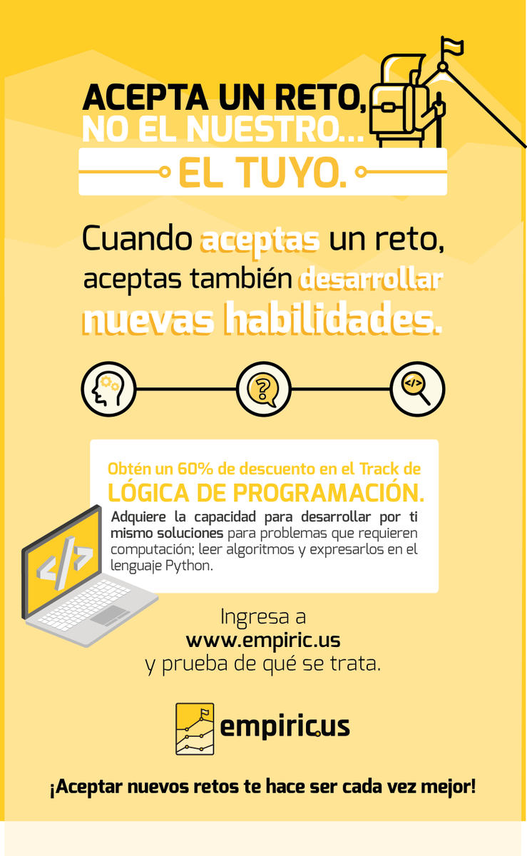 empiric_us's tweet image. #LogicaProgramacion Si te gusta retar la manera en que aprendes, entra ya a nuestra plataforma. empiric.us